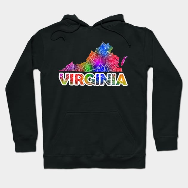 Colorful mandala art map of Virginia with text in pink and green Colorful mandala art map of Virginia with text in multicolor pattern Hoodie by Happy Citizen